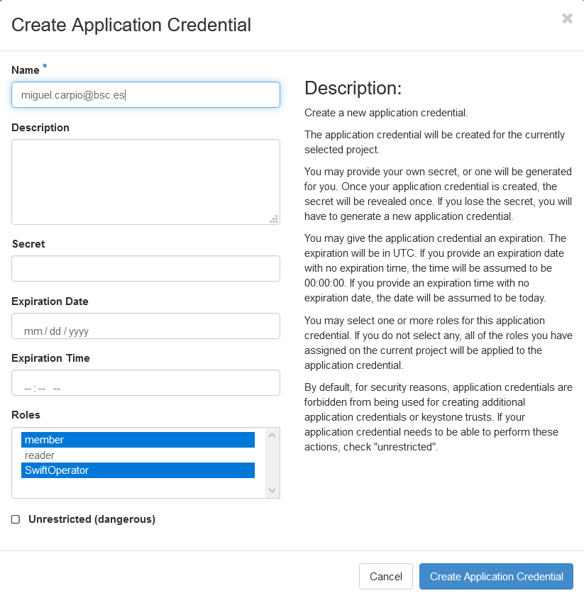 Application credential creation