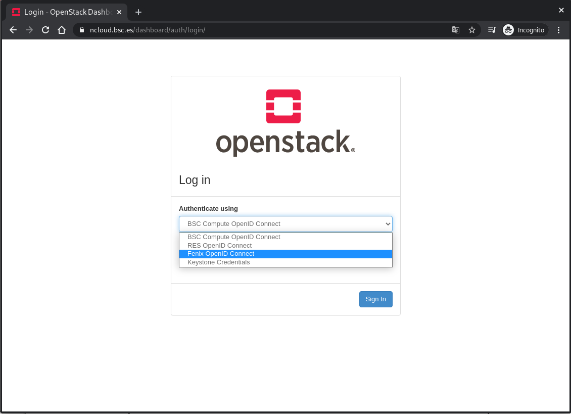 BSC Openstack Web Log in