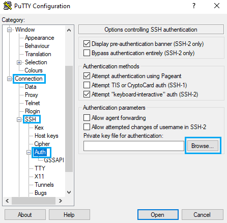PuTTY SSH private key selection