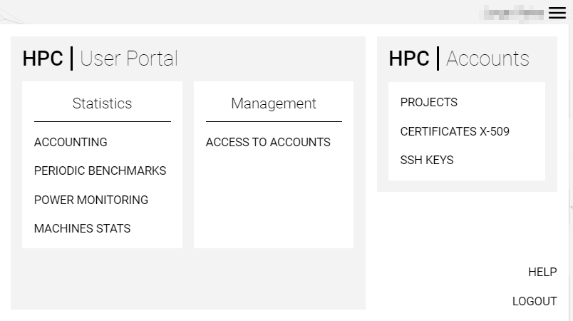 HPC Accounts main menu