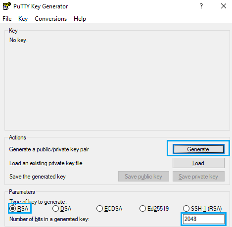 Public key PuTTY window selection